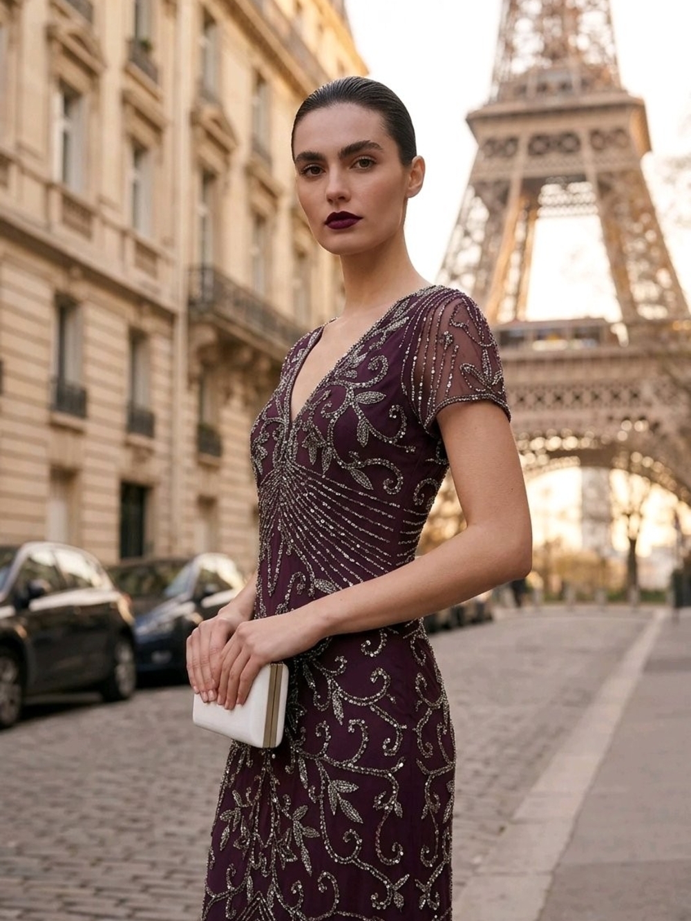 Pisarro Nights Beaded Plum Evening Maxi Dress